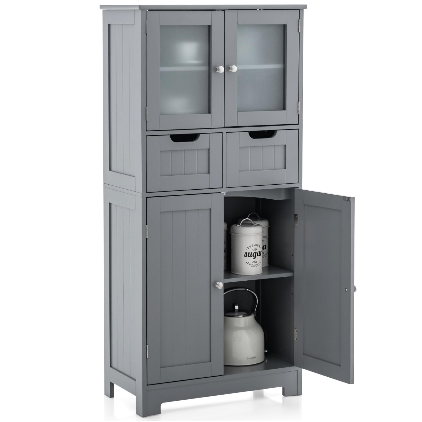 Costway Bathroom Storage Cabinet, Freestanding Bathroom Organizer With Glass Doors, 2 Drawers And 2 Adjustable Shelves, Tall Linen Floor Cabinet For Bathroom, Living Room, Kitchen (Gray)